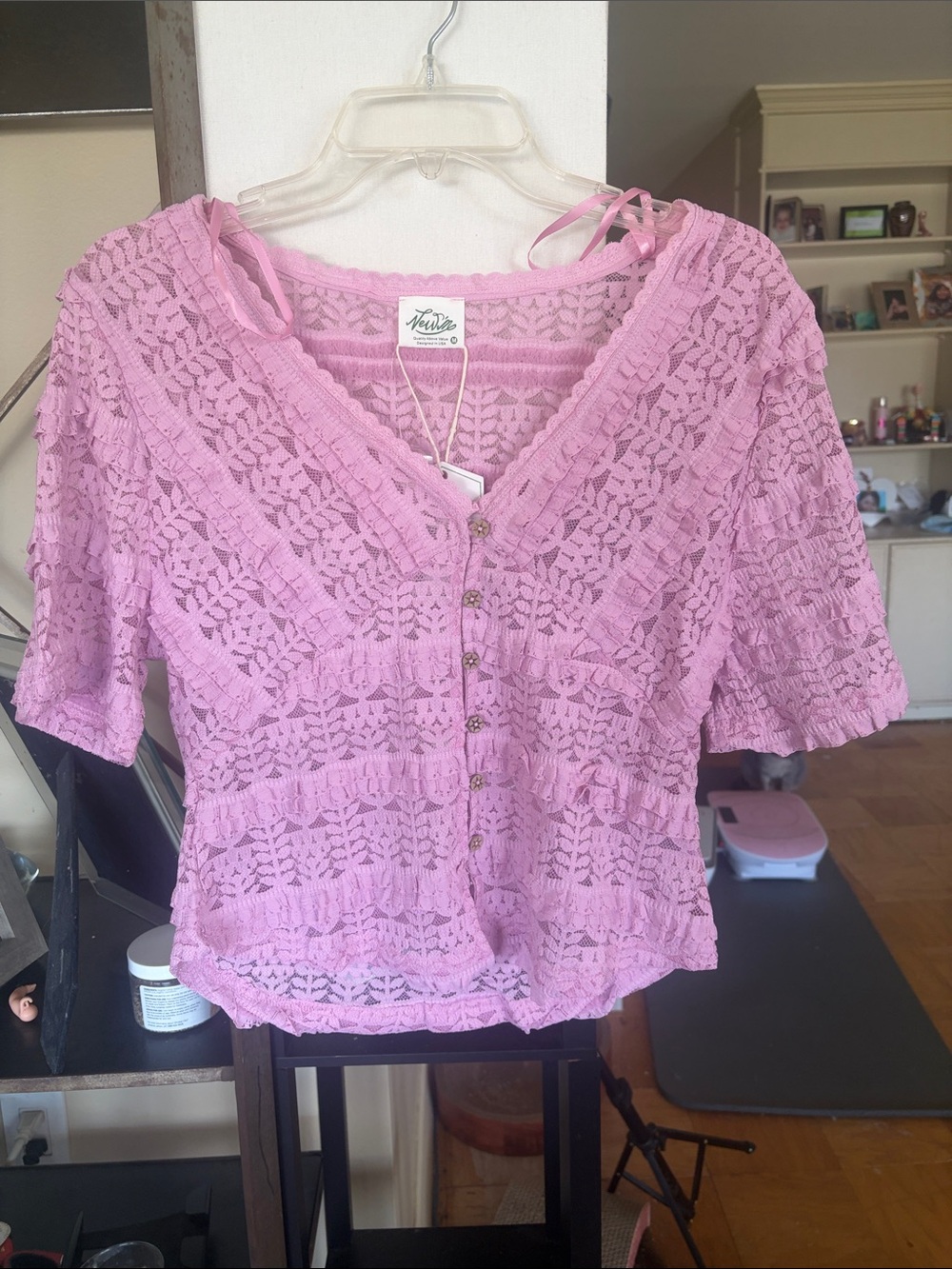 Very J Pink Crochet Button Front Lace Blouse